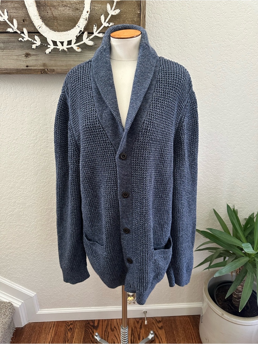 LL Bean blue 100% organic cotton knit cardigan sweater size XL Regular
